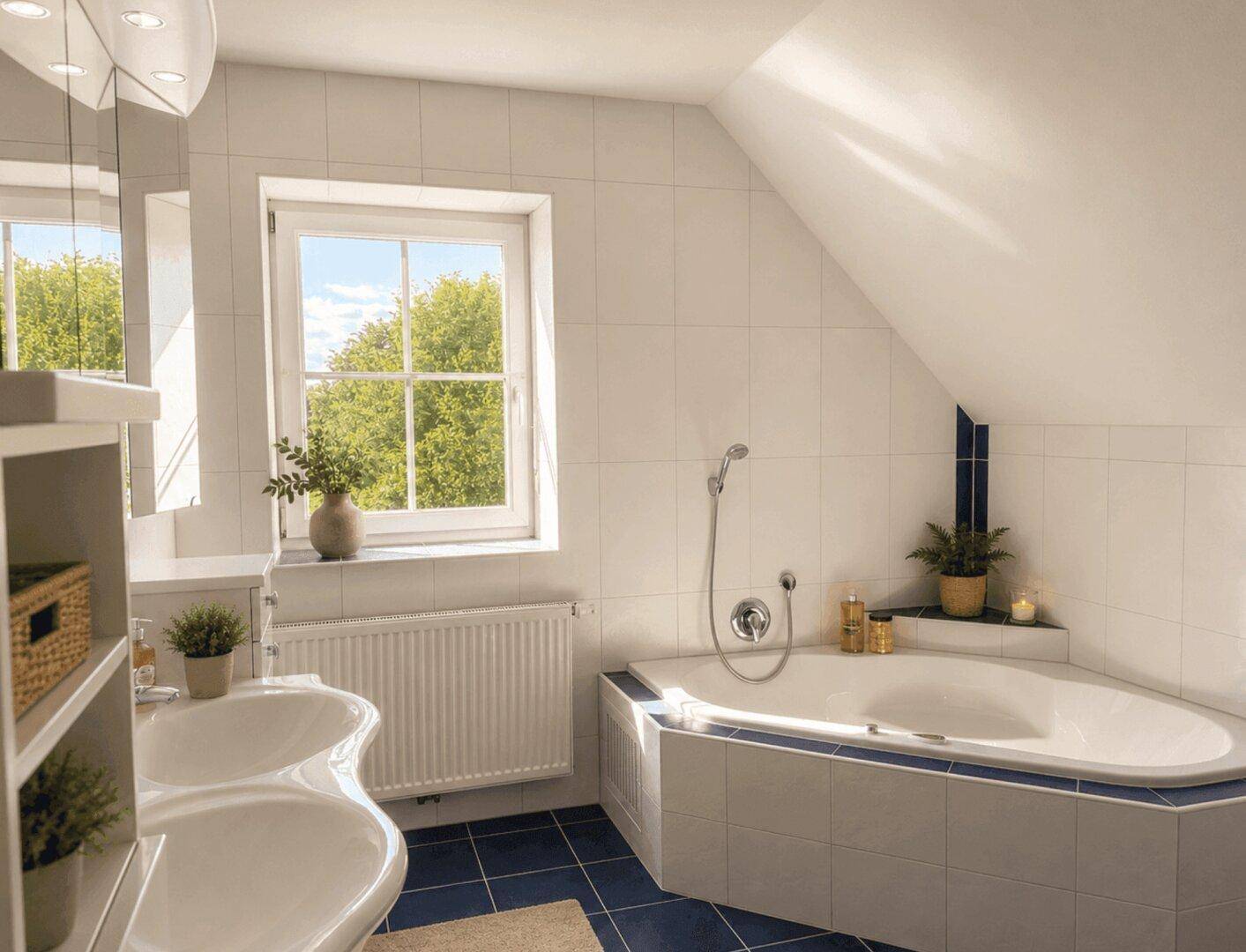 Helles Badezimmer mit Eckbadewanne, Doppelwaschbecken und Fenster unter einer Dachschräge.