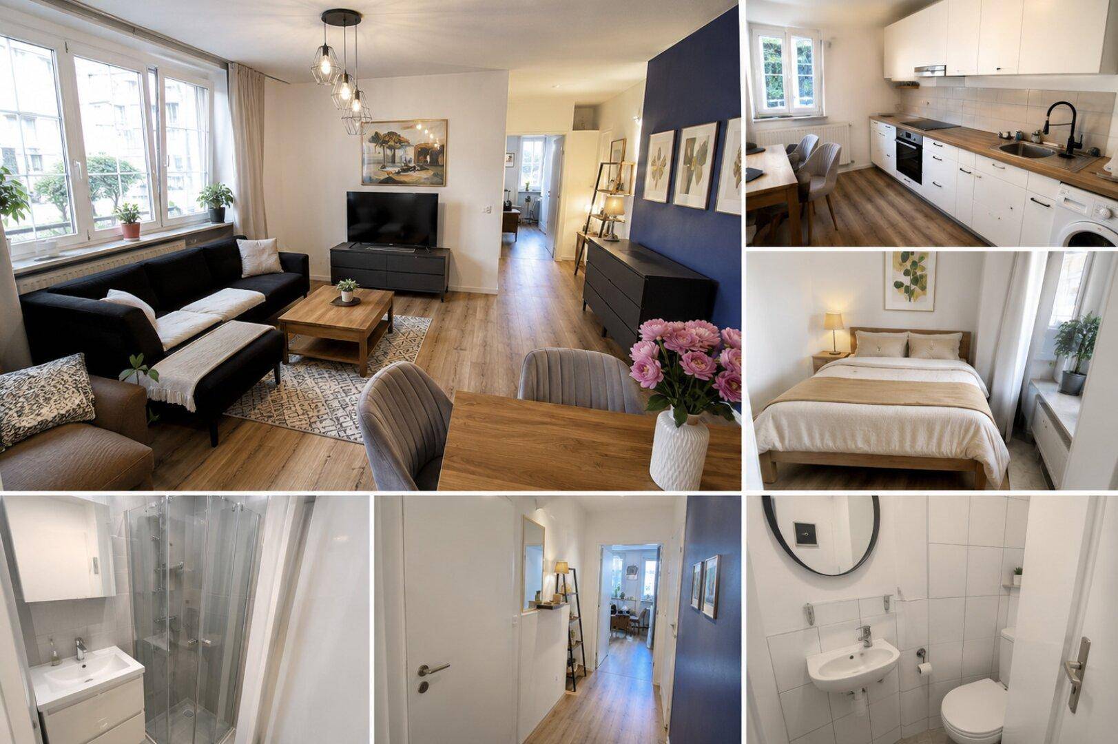 Übersicht der renovierten 2-Zimmer-Wohnung mit modernem Wohnbereich, Küche, Schlafzimmer und Bädern.