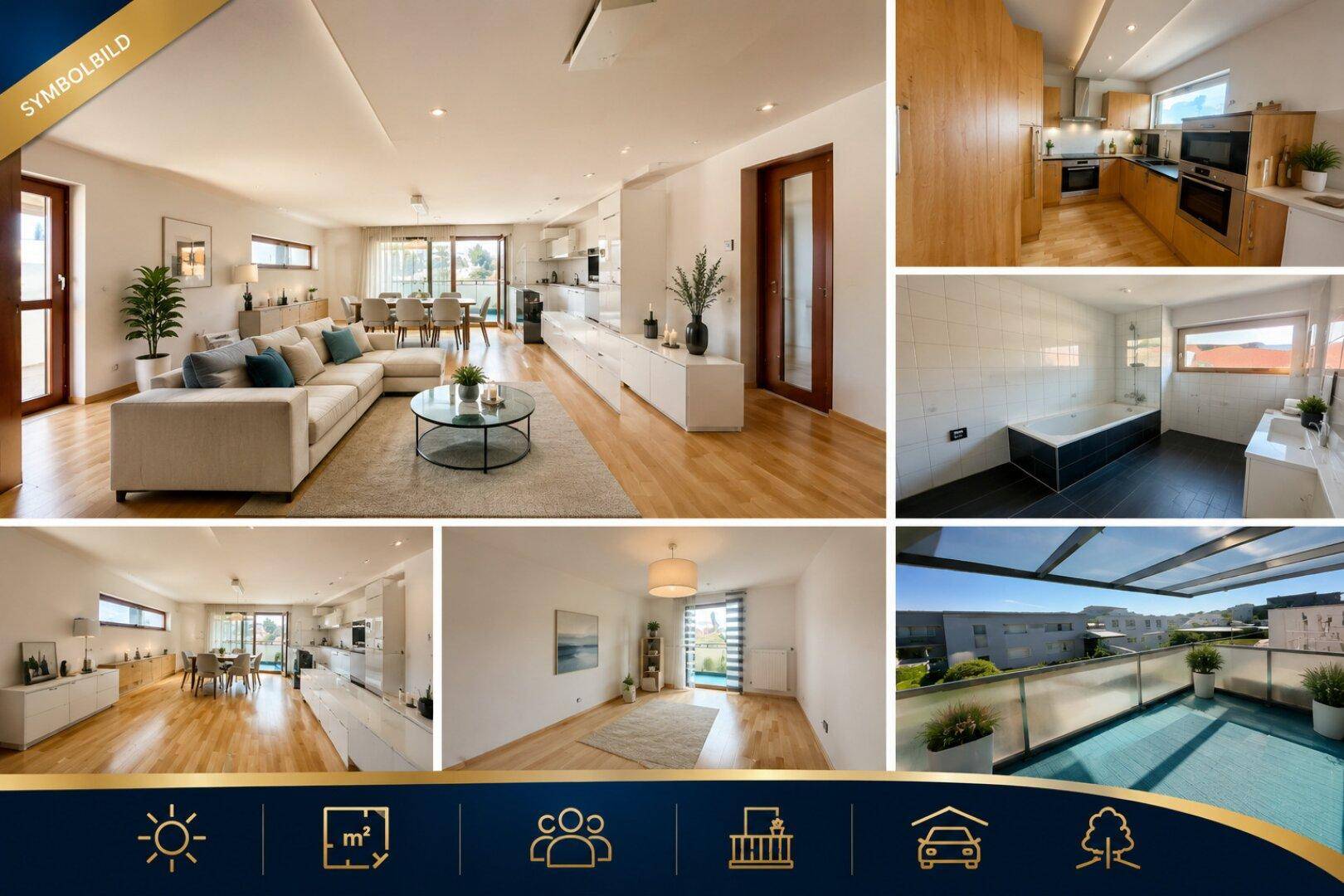 Collage zeigt möblierte Innenräume wie Wohnzimmer, Küche, Bad und einen Balkon der Immobilie.