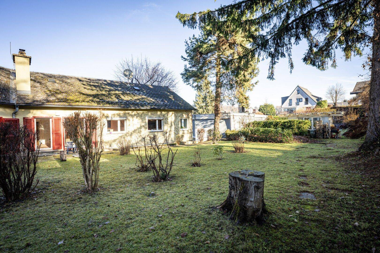 Großer Gartenbereich mit Rasenfläche und Sträuchern vor dem Haus an einem sonnigen Tag.