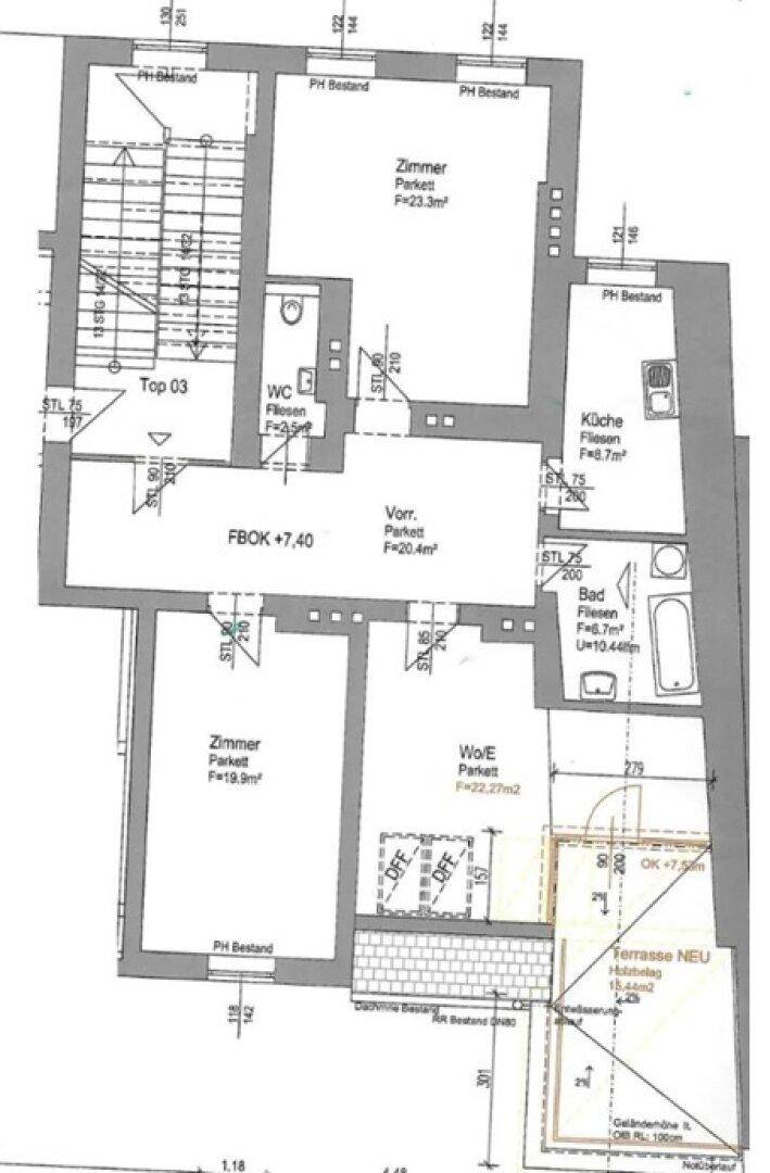 Grundriss mit Zimmern, WC, Küche, Bad und einer neu geplanten Terrasse.