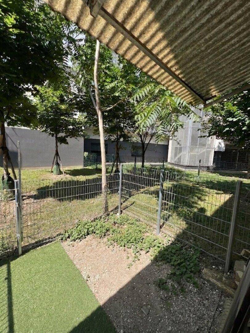 Kleiner Gartenbereich mit Kunstrasen und Erde, umgeben von einem Zaun und Bäumen.