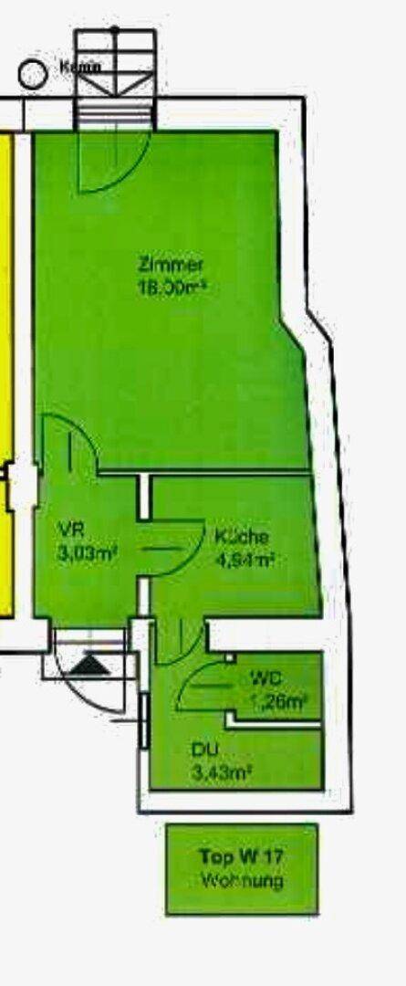 Grundriss einer Wohnung mit separater Küche, WC, Duschraum und Kamin.