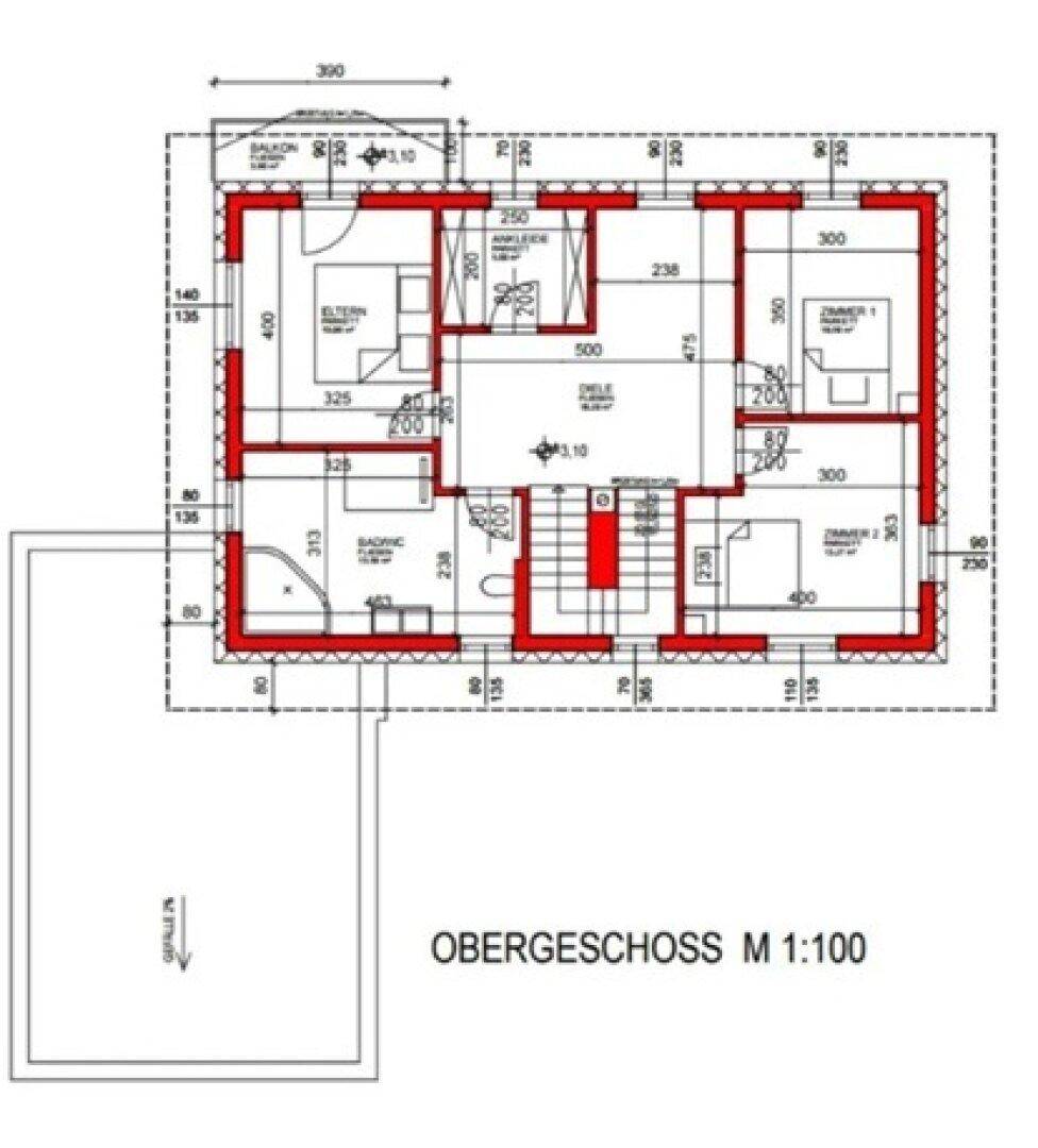 Grundriss des Obergeschosses mit Schlafzimmern, Bädern und Balkonzugang.