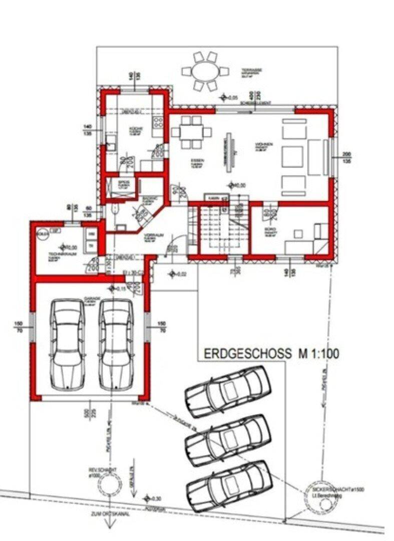 Grundriss des Erdgeschosses mit offenem Wohnbereich, Garage und Außenstellplätzen.
