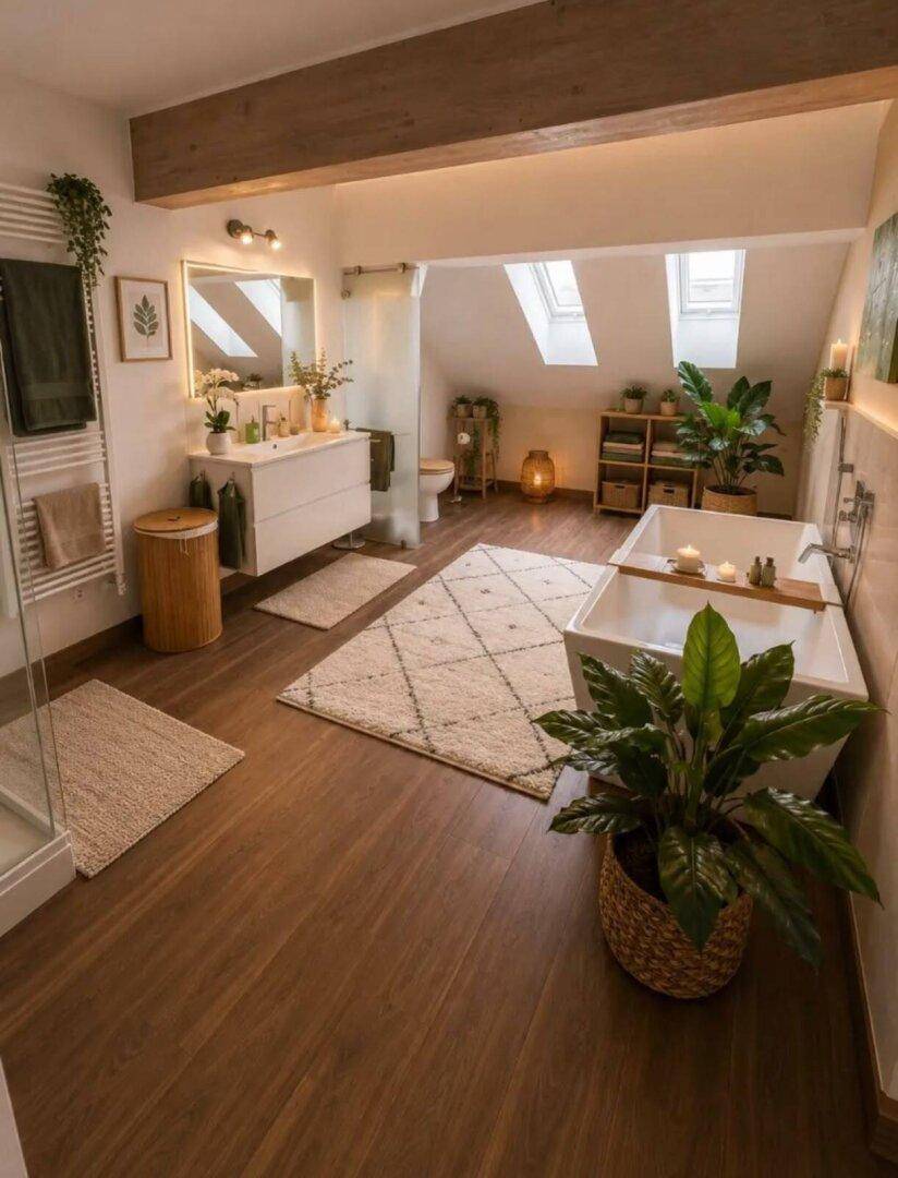Großzügiges Badezimmer mit freistehender Badewanne, Doppelwaschbecken und viel Tageslicht.