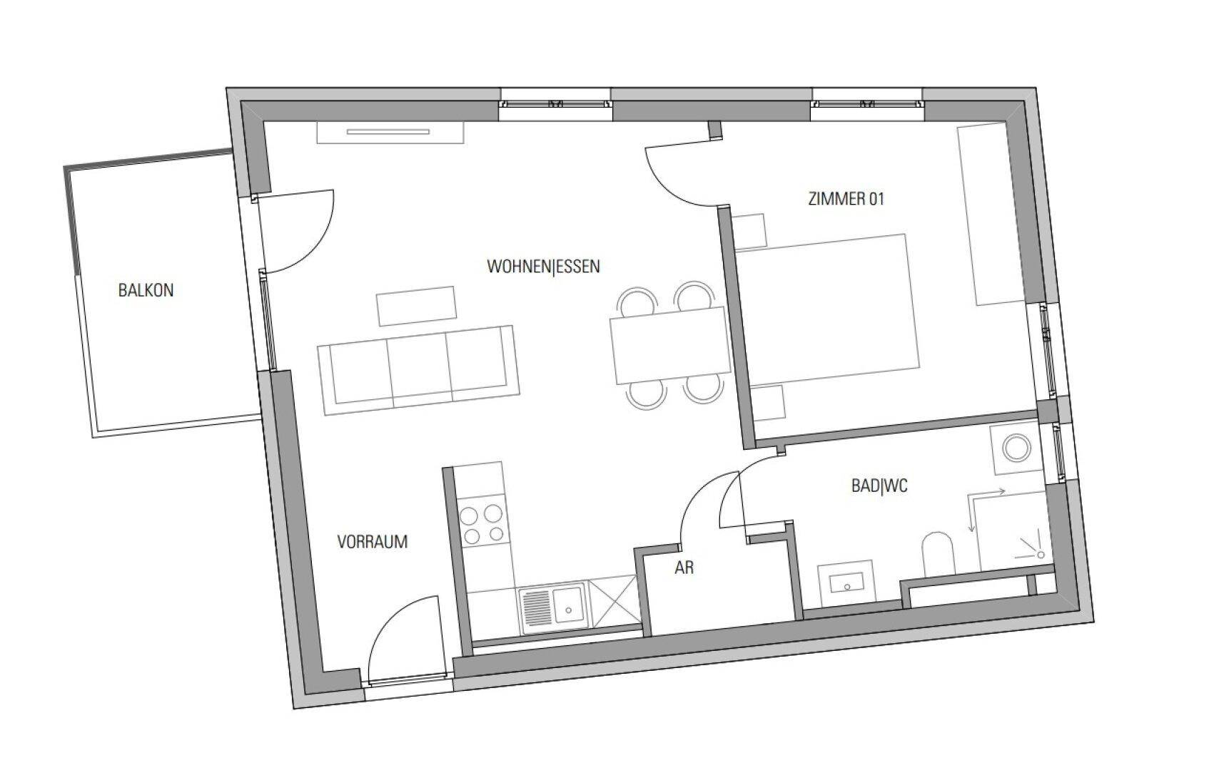 Grundriss einer Wohnung mit offenem Wohn-Essbereich, Schlafzimmer und Balkon.