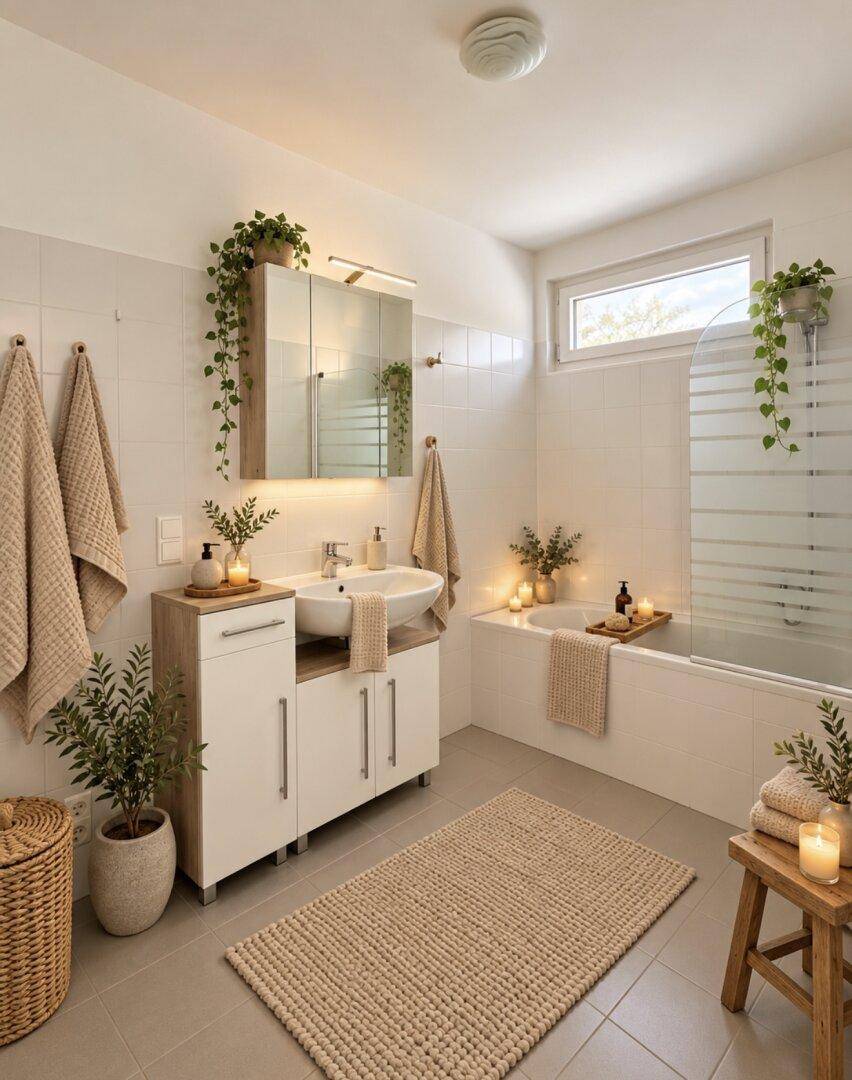 Modernes Badezimmer mit Badewanne, Dusche, Einzelwaschbecken und einem Fenster für Tageslicht.