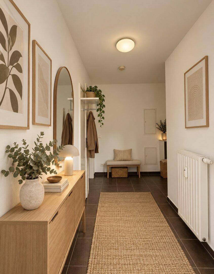 Heller Flur mit modernem Sideboard, Spiegel, Sitzbank und dunklen Bodenfliesen.