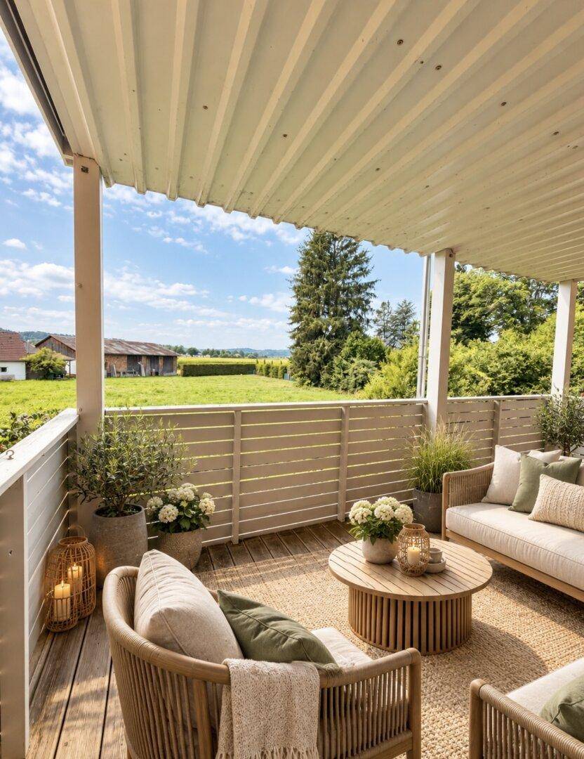 Gemütliche überdachte Terrasse mit Loungemöbeln und weitem Blick ins Grüne und die Landschaft.