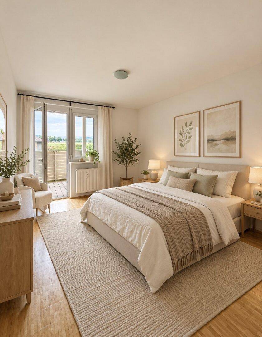 Ruhiges Schlafzimmer mit Doppelbett, Holzboden und direktem Zugang zu einem Balkon mit Aussicht.