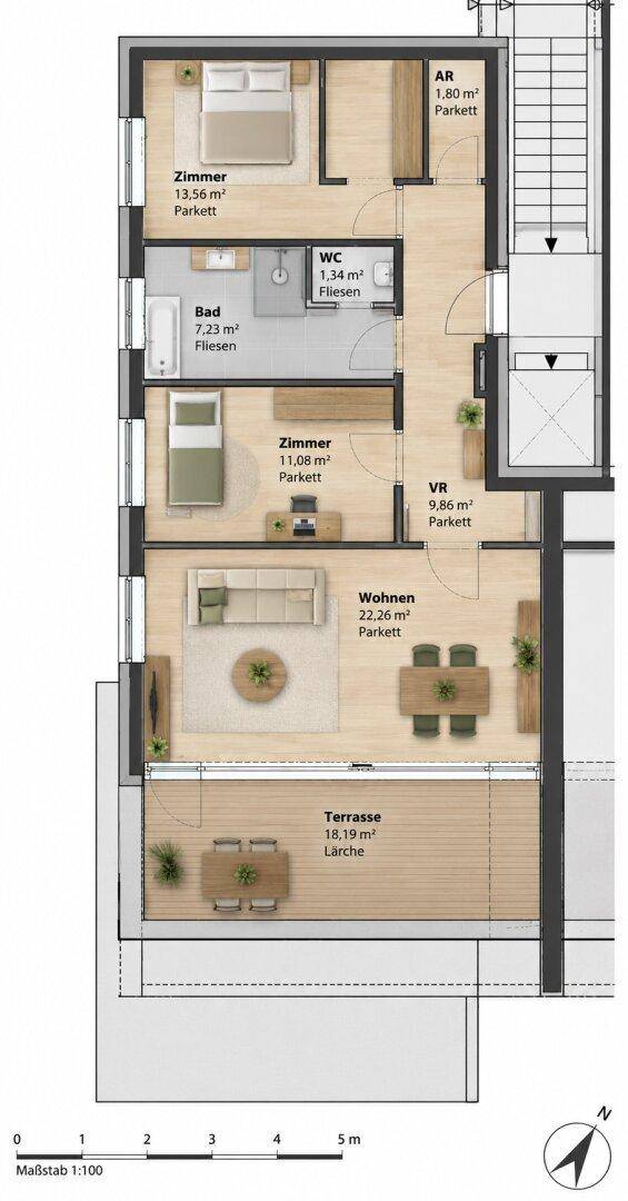 Detaillierter Grundriss der Etage mit Wohn-, Schlafzimmern und großer Terrasse.