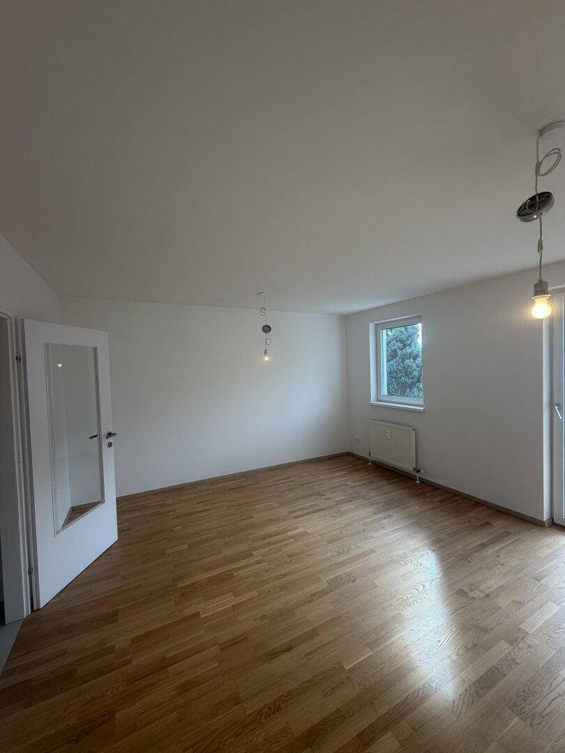 Heller Wohnraum mit Holzboden, Fenster und Tür mit Glaseinsatz.