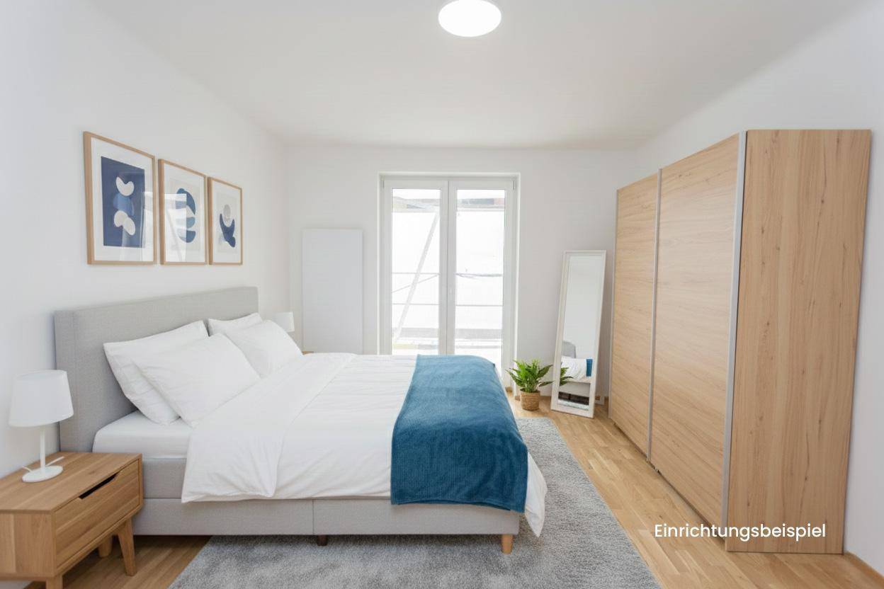 Schlafzimmer als Einrichtungsbeispiel mit Bett, Kleiderschrank und Zugang zum Balkon.