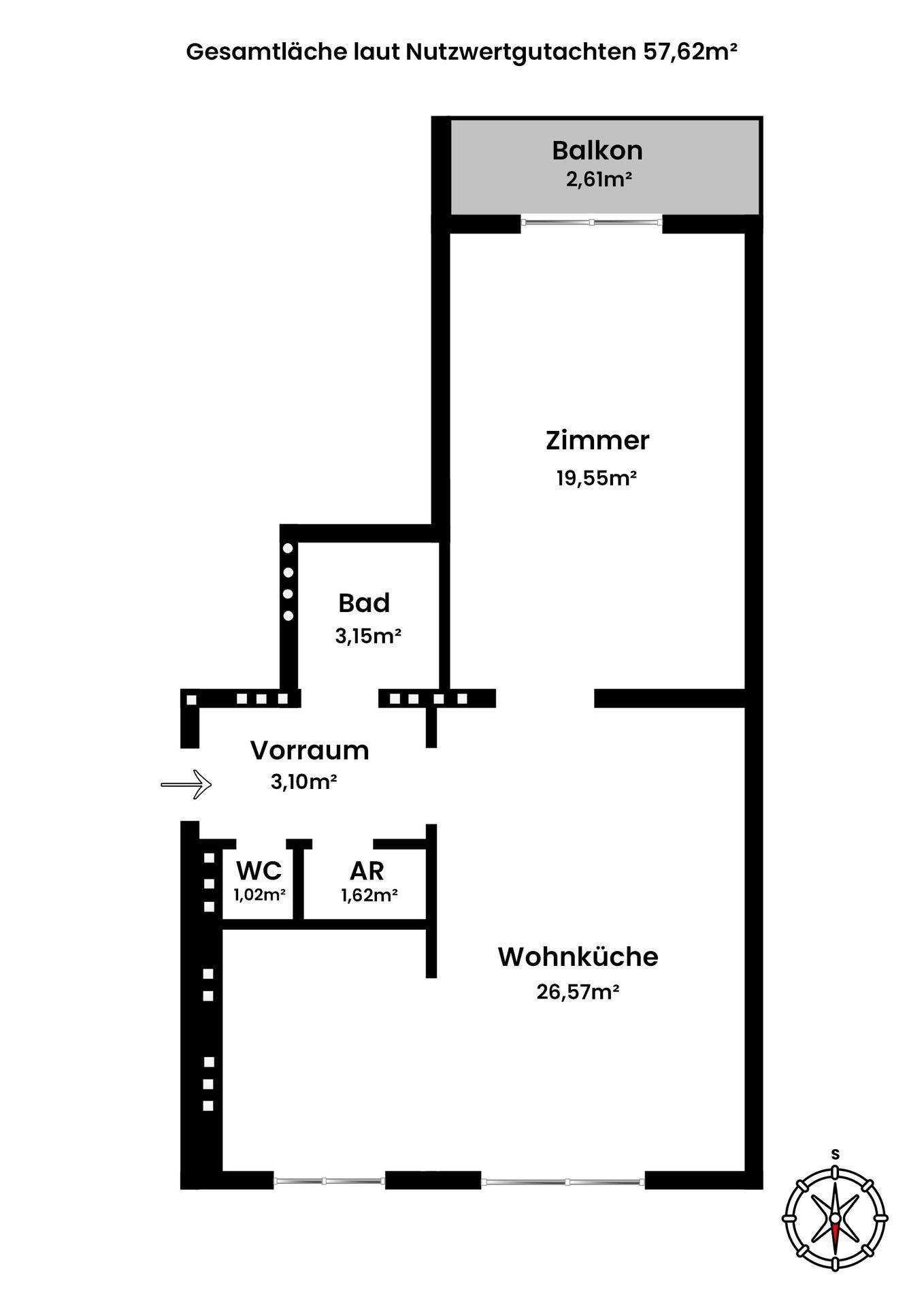 Übersichtlicher Grundriss mit Wohnküche, Zimmer, Bad und separatem WC.
