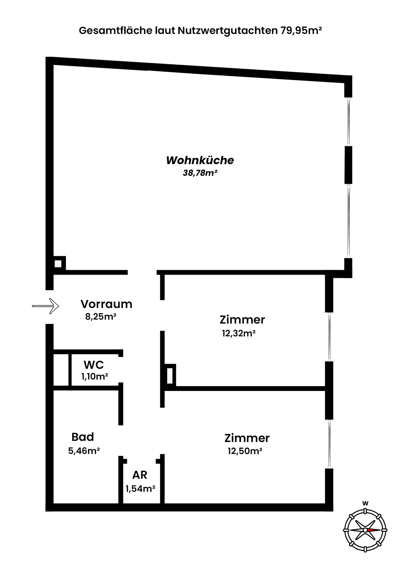 Grundriss mit offener Wohnküche, zwei Zimmern, Bad, separatem WC und Abstellraum.