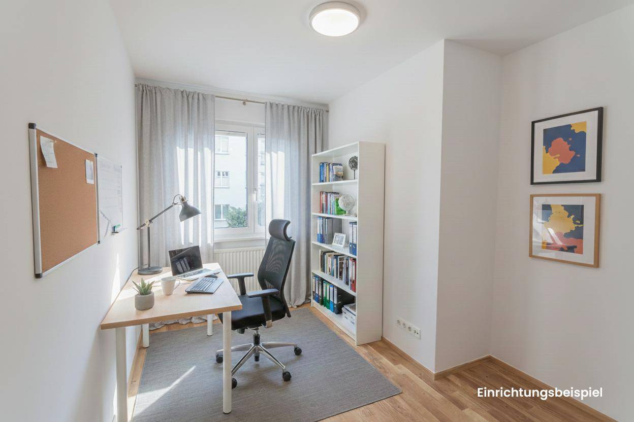 Modernes Arbeitszimmer mit Schreibtisch, Bürostuhl und Bücherregal, ideal für Home-Office.