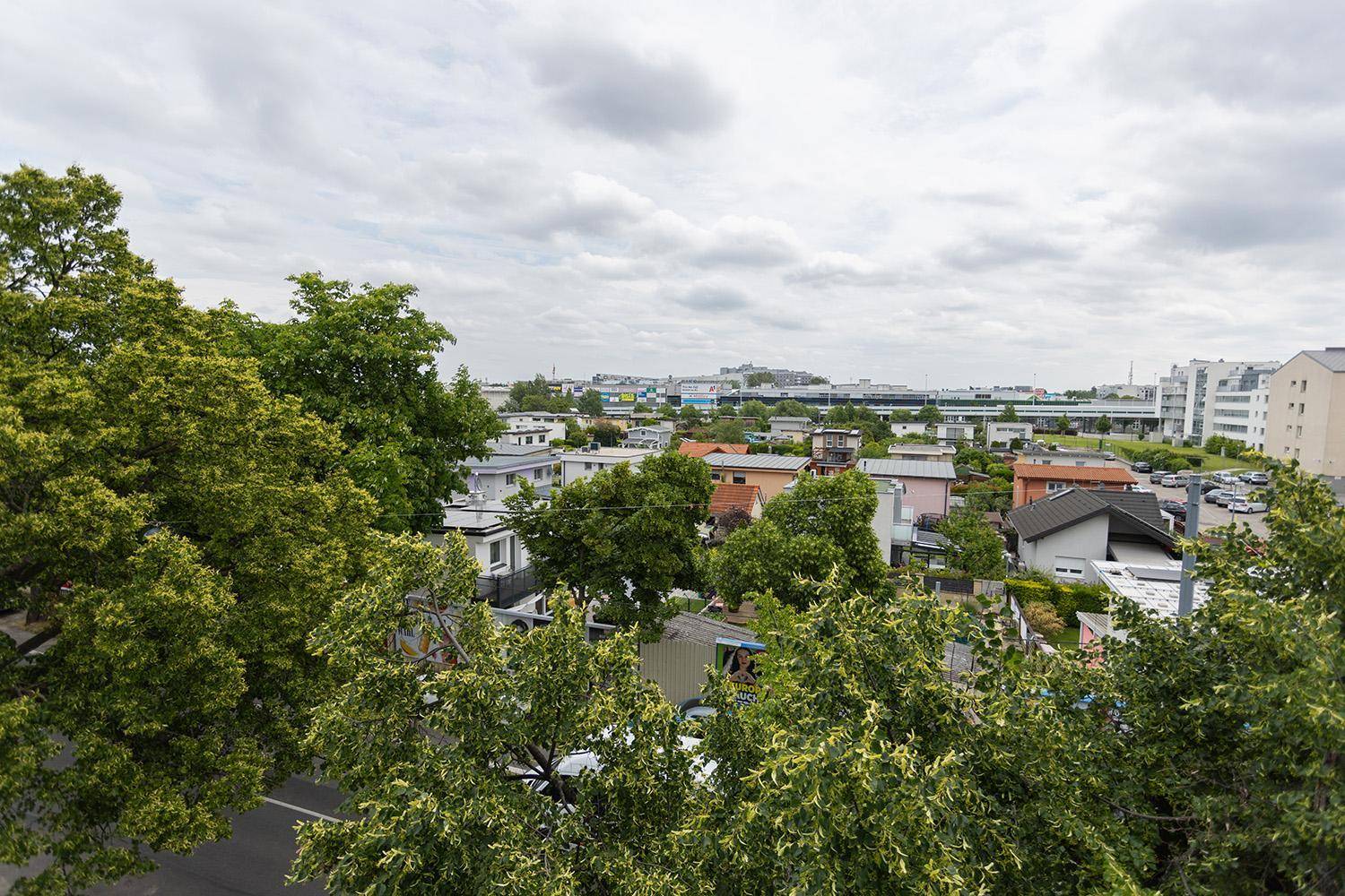 Weitläufiger Blick über die Dächer der Stadt mit viel Grün und umliegenden Gebäuden unter bewölktem Himmel.