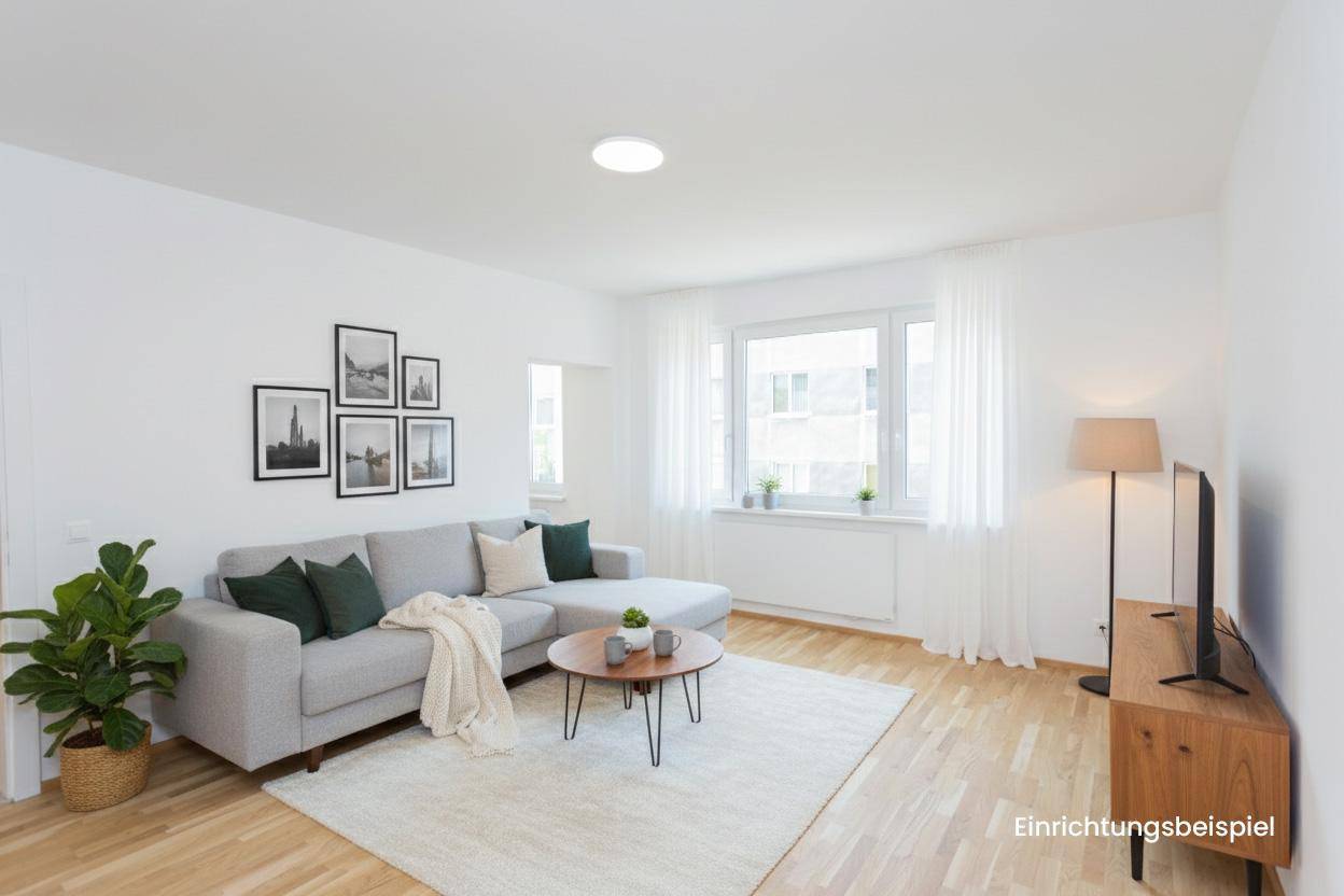 Gemütliches Wohnzimmer mit modernem Sofa, Couchtisch und Fernseher, hell und einladend.
