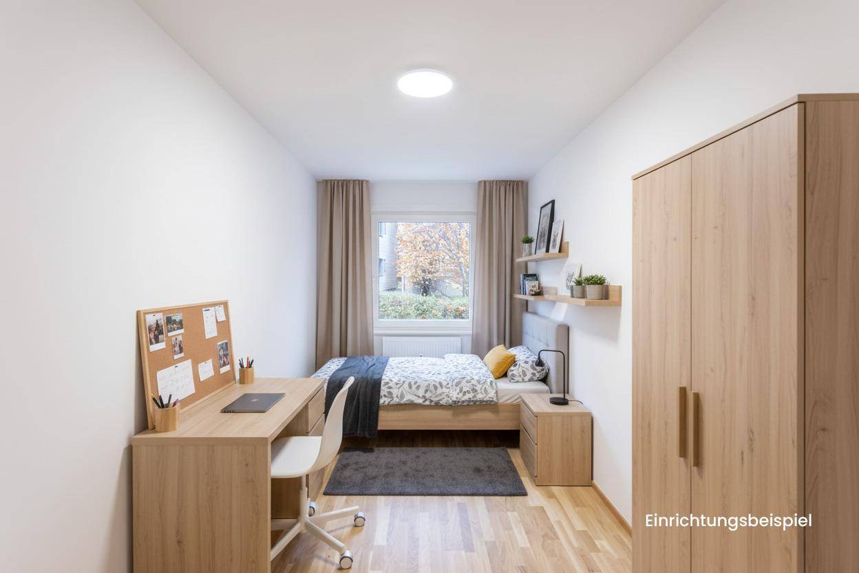 Modern eingerichtetes Schlafzimmer mit Holzbett, Schreibtisch und Kleiderschrank, als Einrichtungsbeispiel.
