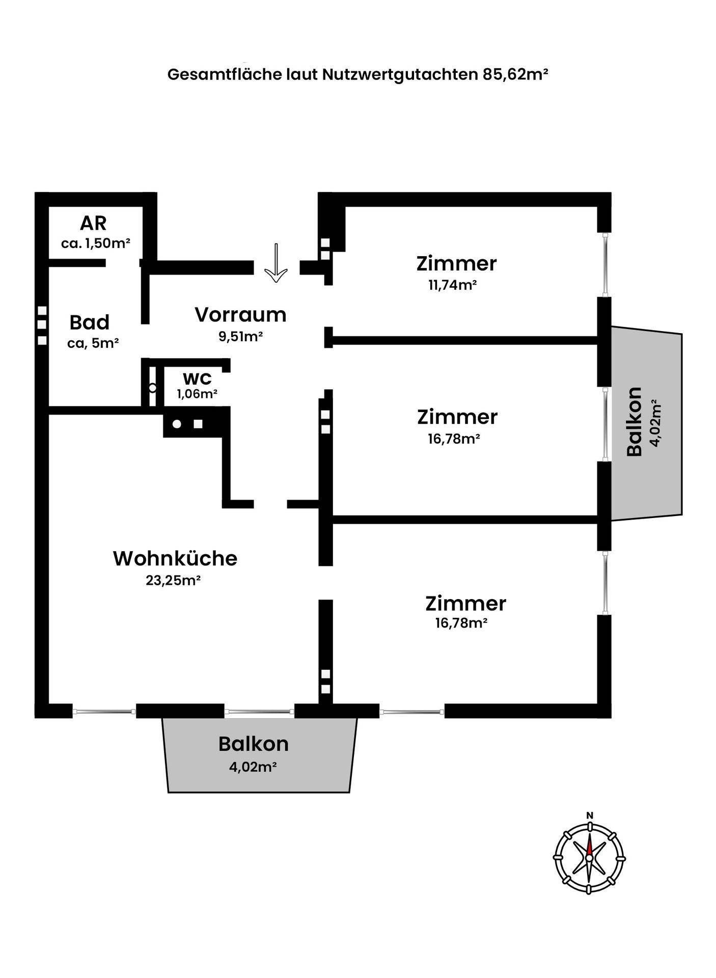 Grundriss der Wohnung mit Wohnküche, drei Zimmern, Bad, WC und zwei Balkonen.