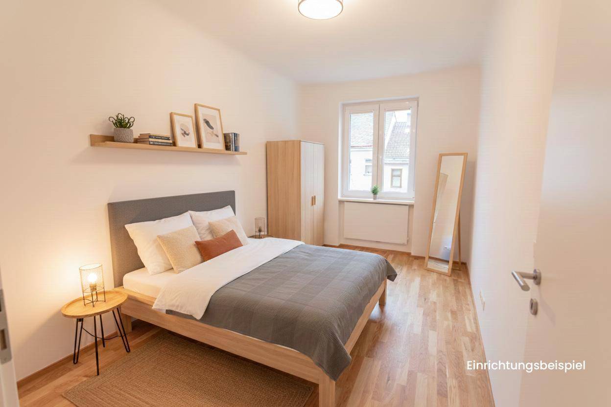 Modern eingerichtetes Schlafzimmer mit Holzbett, Kleiderschrank und Parkettboden.
