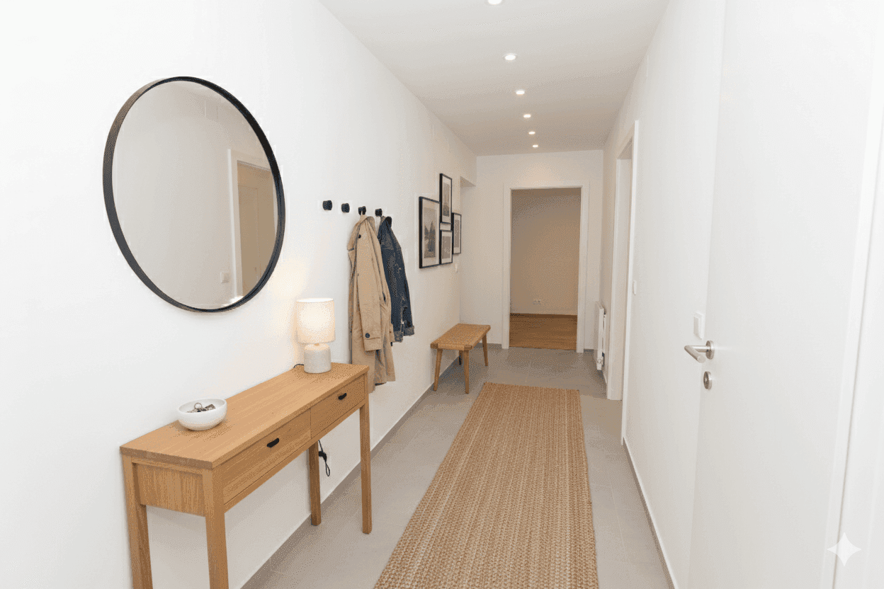 Moderner Flur mit Holzkonsolentisch, rundem Spiegel und Garderobe, der einladend wirkt.