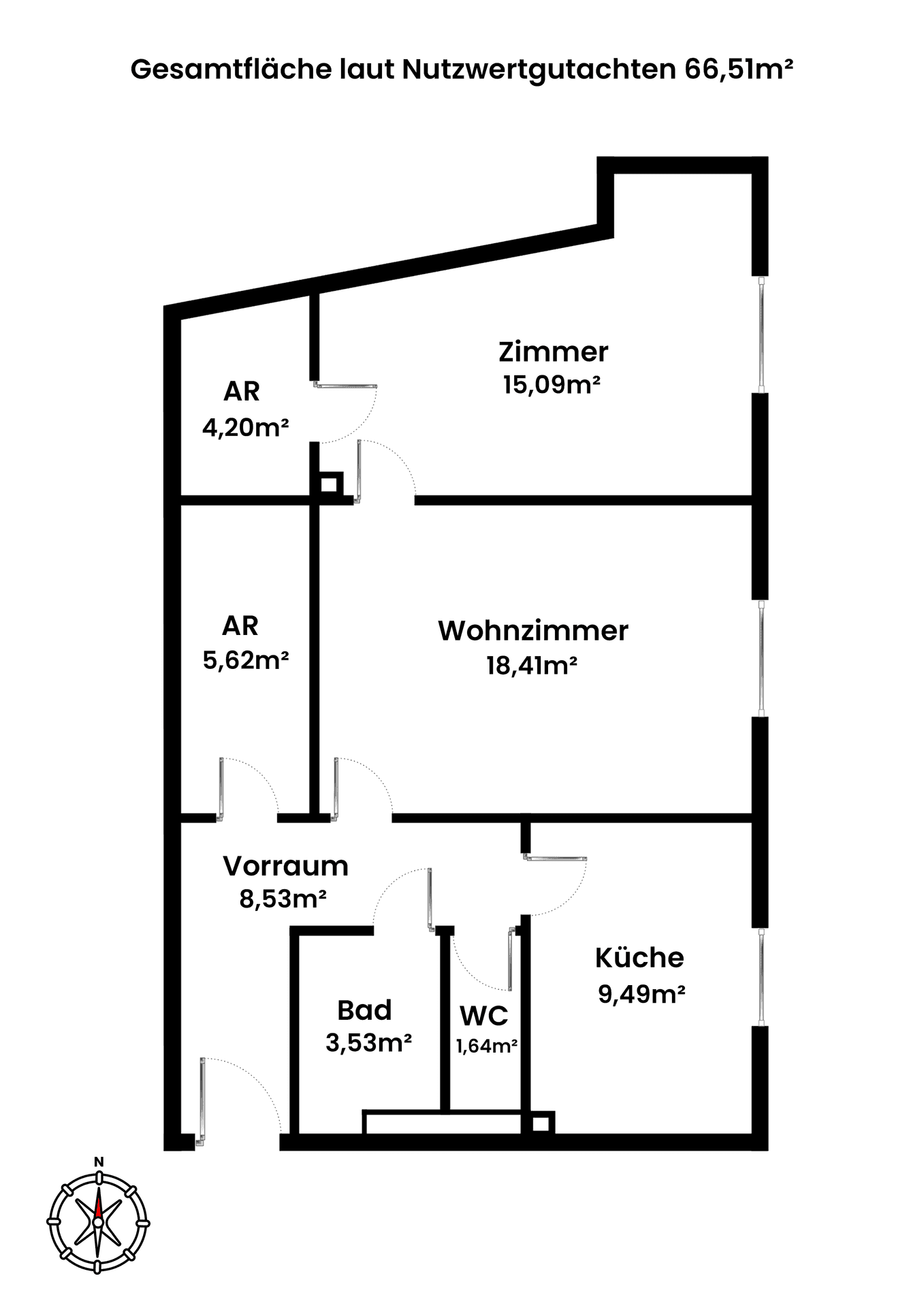 Grundriss einer Wohnung mit einer Gesamtnutzfläche von 66,51m², inklusive Bad, WC und Abstellräumen.