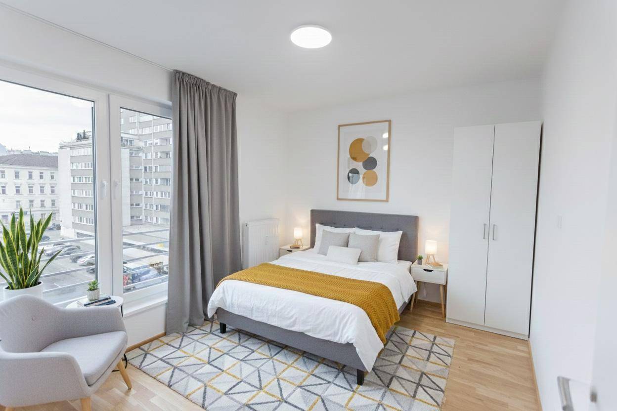 Modern eingerichtetes Schlafzimmer mit Doppelbett, Kleiderschrank und großem Fenster.