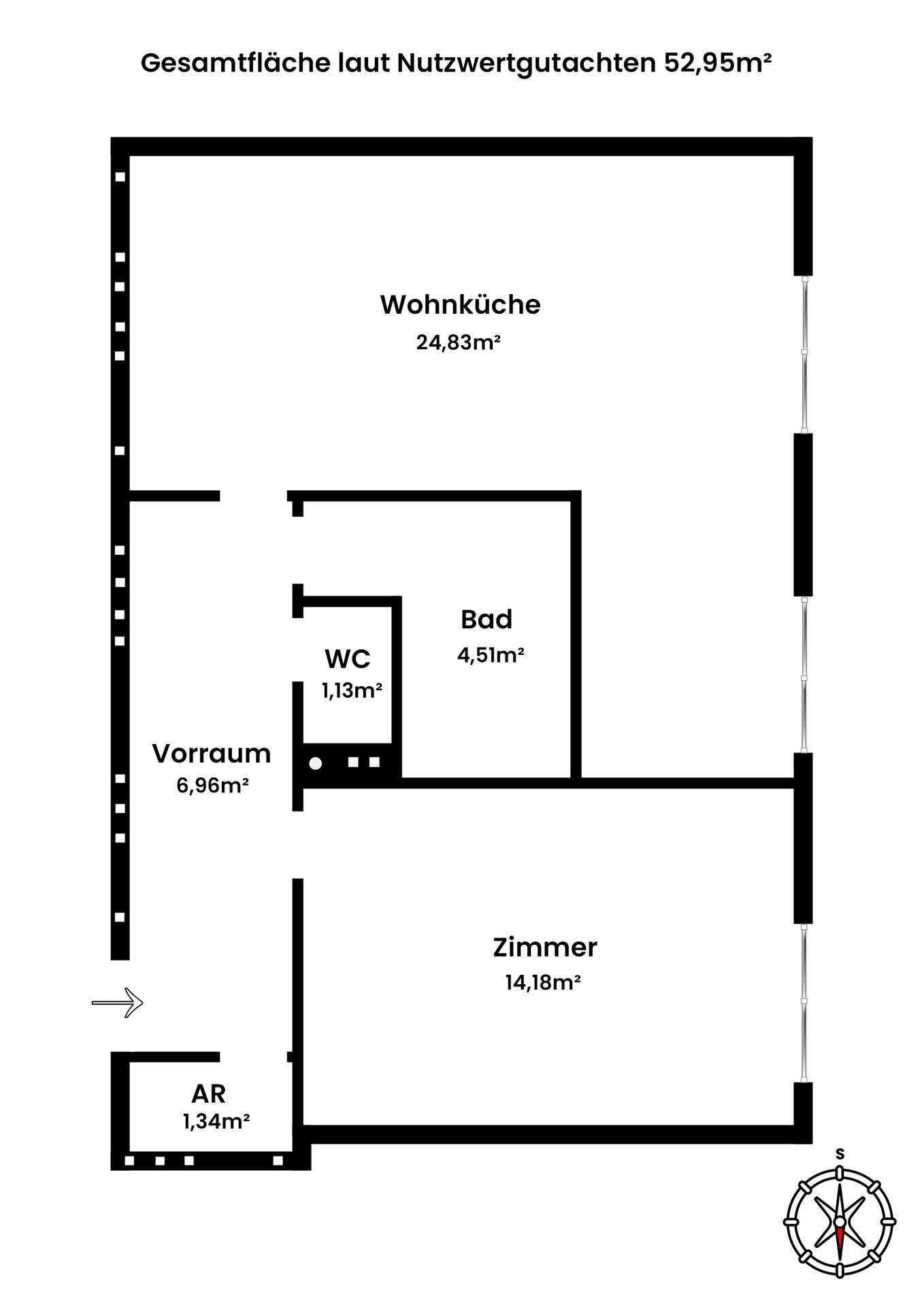Grundriss der Wohnung mit Wohnküche, Zimmer, Bad und WC, Gesamtfläche 52,95m², übersichtlich dargestellt.