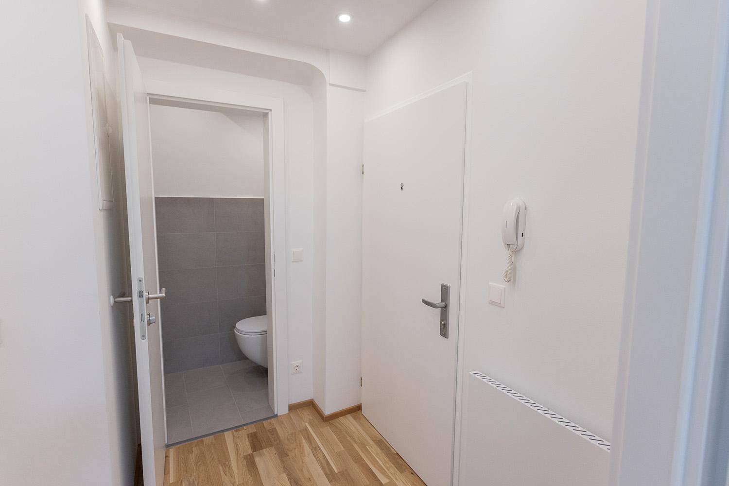 Eingangsbereich mit Holzboden und offener Tür, die den Blick auf eine Gästetoilette freigibt.