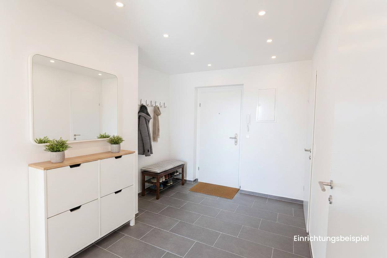 Modern eingerichteter Flur mit Schuhschrank, Spiegel und Sitzbank, ideal für den Empfang.