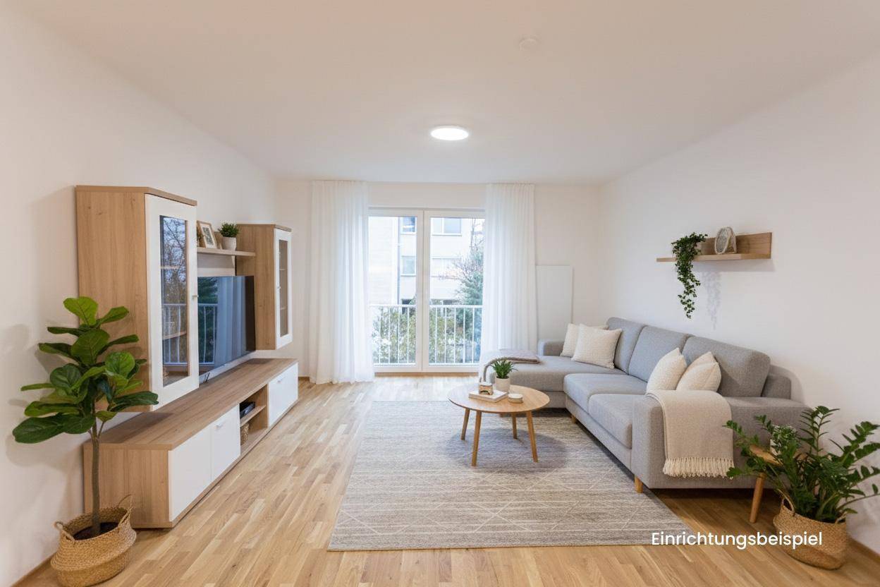 Modern eingerichtetes Wohnzimmer mit Sofa, Mediamöbeln und Zugang zum Balkon.