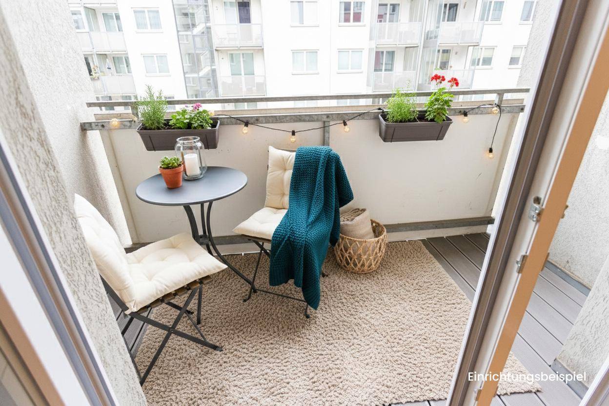 Gemütlicher Balkon mit Sitzgelegenheiten, Teppich und Pflanzen, ein ansprechendes Einrichtungsbeispiel.