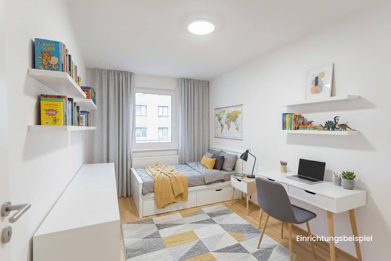 Modern eingerichtetes Schlafzimmer mit Einzelbett, Schreibtisch und Bücherregalen, ideal für Kinder oder Gäste.