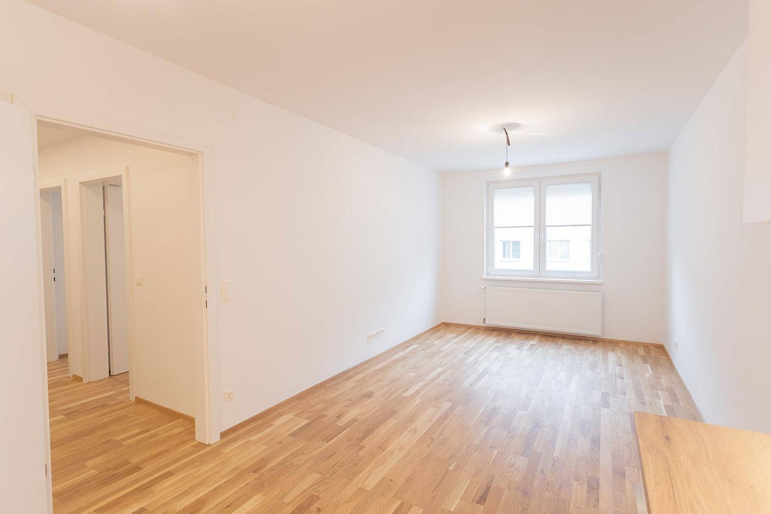 Geräumiger Wohnbereich mit Holzboden und Zugang zum Flur, ideal für offenes Wohnen.
