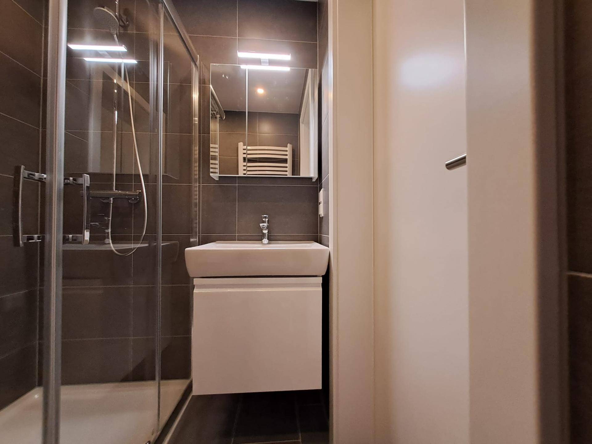 Modernes Badezimmer mit begehbarer Dusche, Waschtisch und beheiztem Handtuchhalter.
