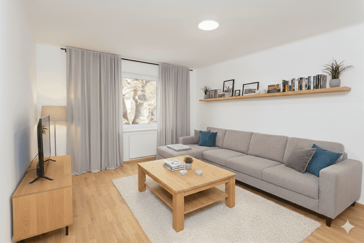 Modern eingerichtetes Wohnzimmer mit großem Sofa, Couchtisch und Holzparkettboden.