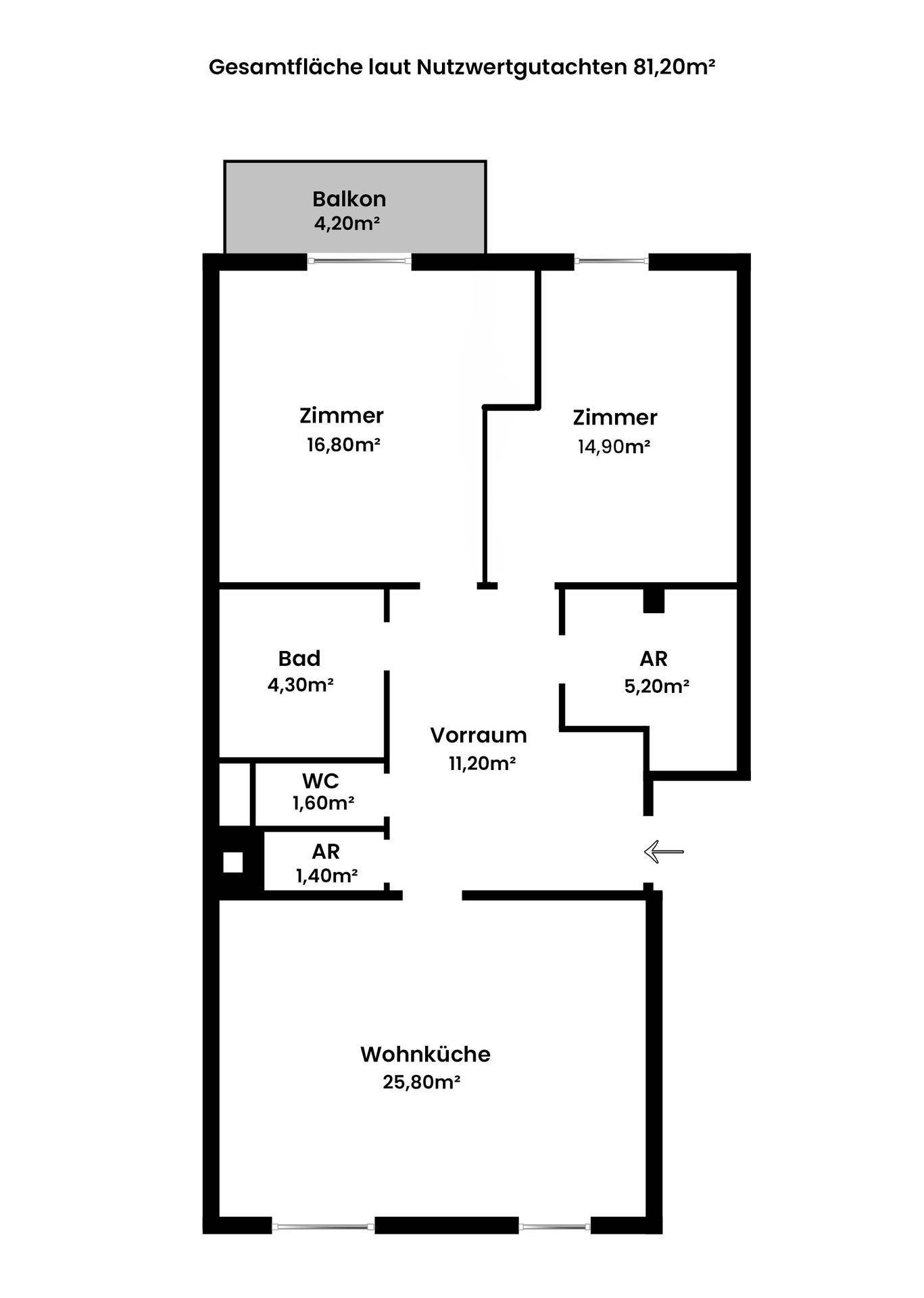 Grundriss einer Wohnung mit drei Zimmern, Wohnküche, Bad und Balkon.