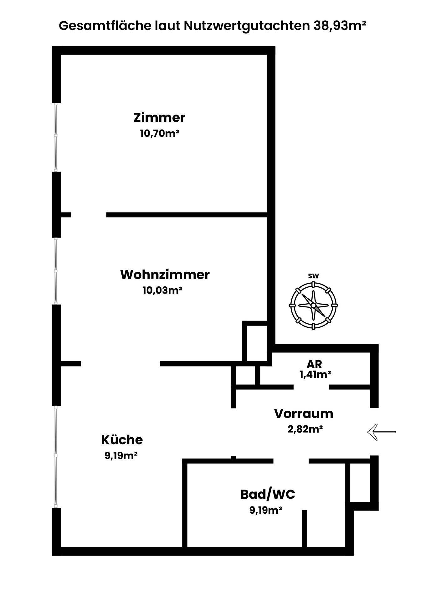 Grundriss einer Wohnung mit Zimmer, Wohnzimmer, Küche und Bad/WC, insgesamt 38,93m².