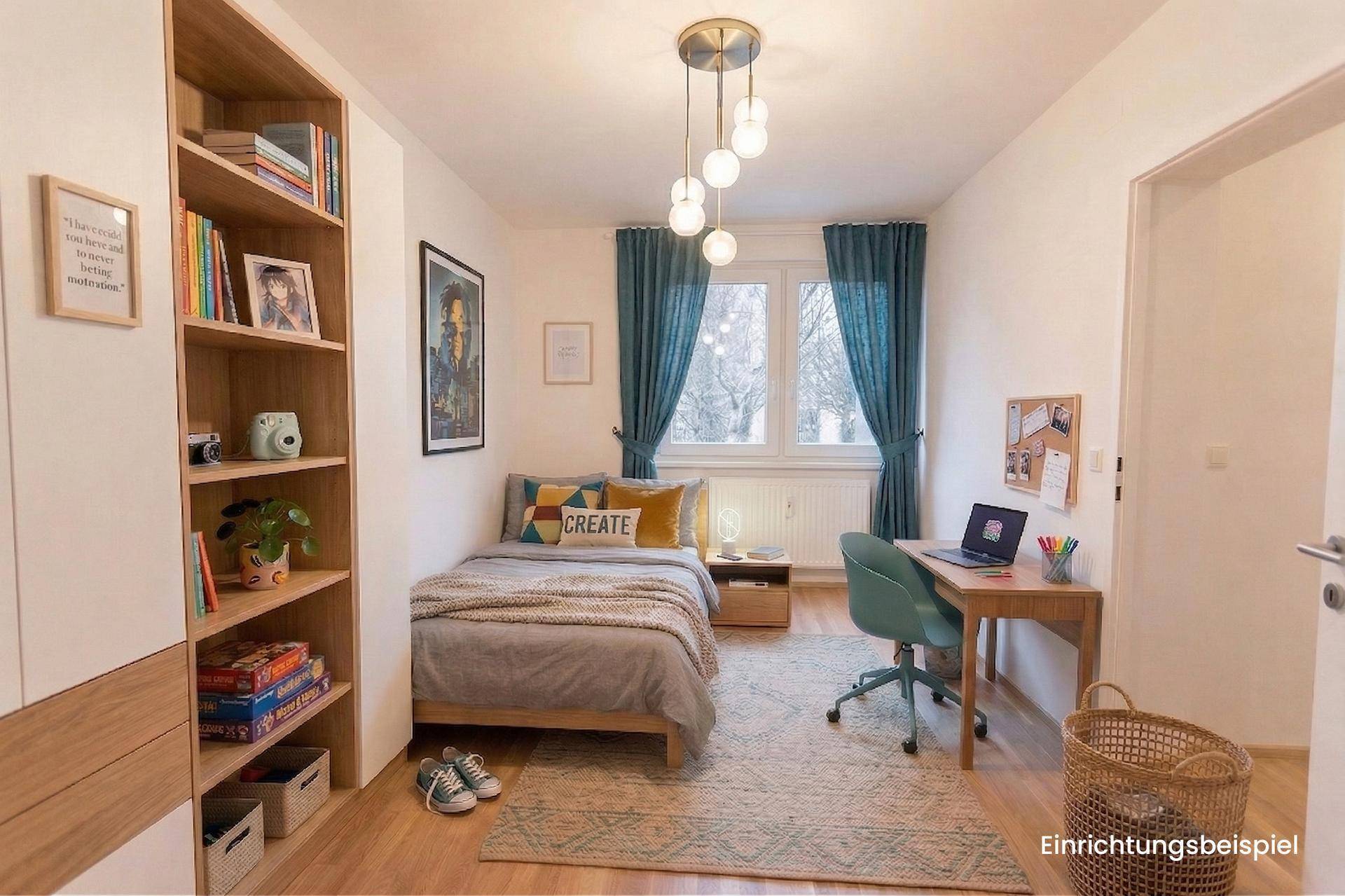 Gemütliches Schlafzimmer als Einrichtungsbeispiel mit Holzboden, Schreibtisch und Bücherregal.