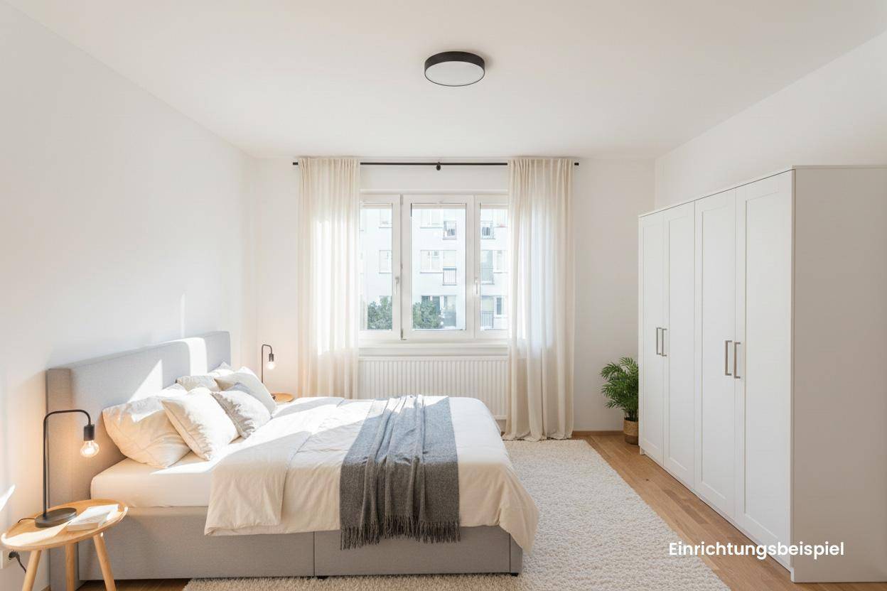 Modernes Schlafzimmer mit hellem Parkettboden, großem Fenster und weißem Kleiderschrank.