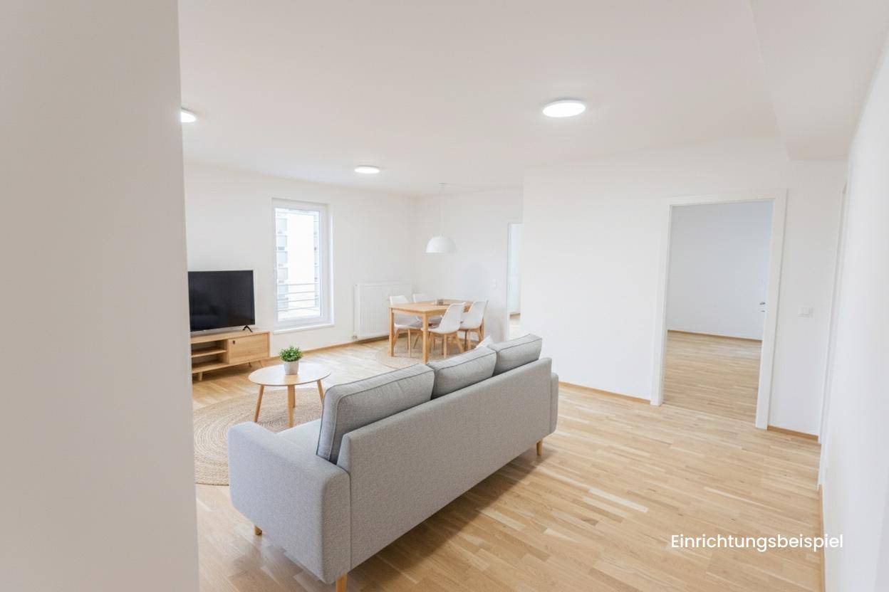 Lichtdurchfluteter Wohn-Essbereich mit Holzboden und moderner, heller Möblierung.