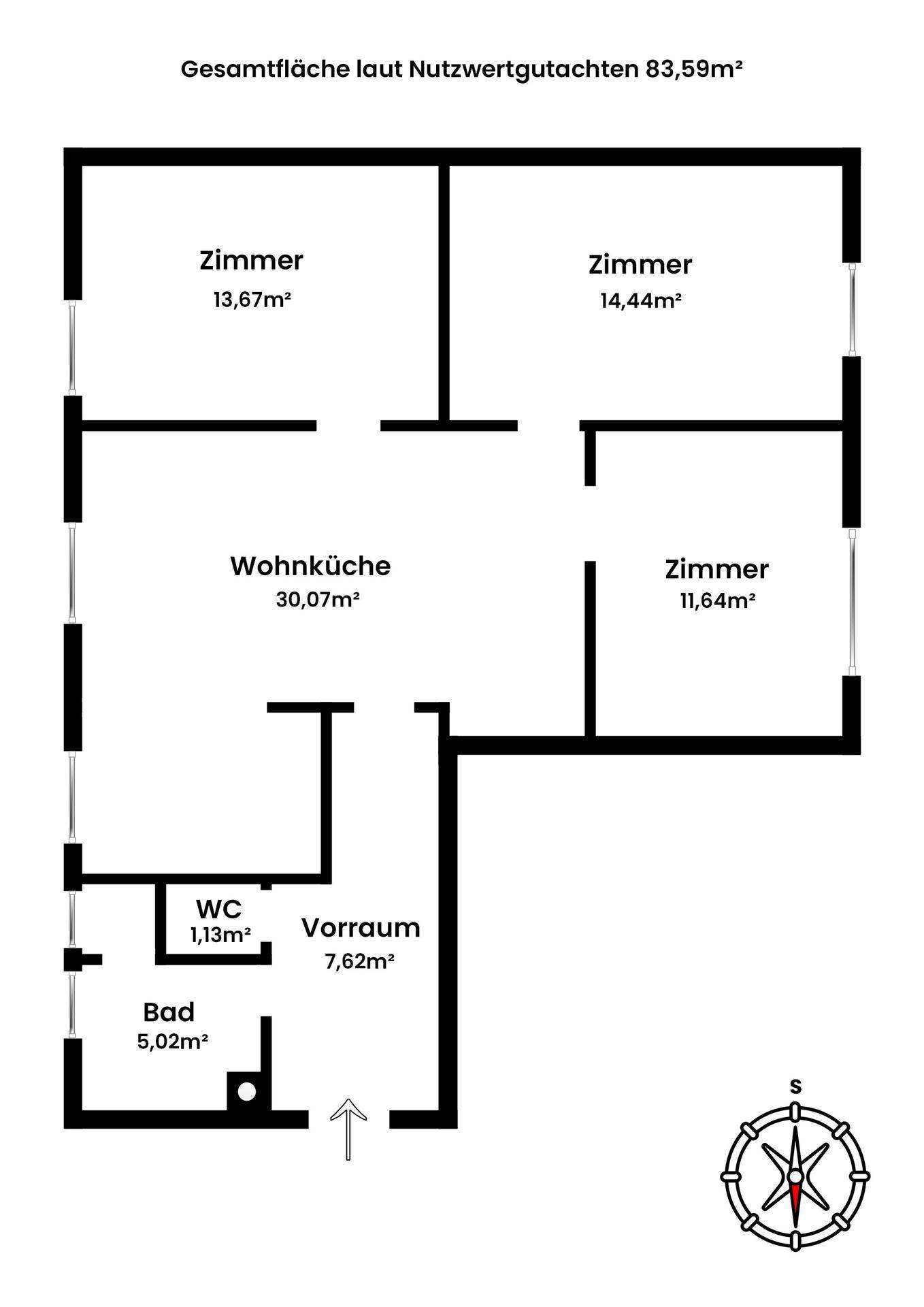 Grundriss einer Wohnung mit drei Zimmern, einer geräumigen Wohnküche, einem Badezimmer und einem separaten WC.
