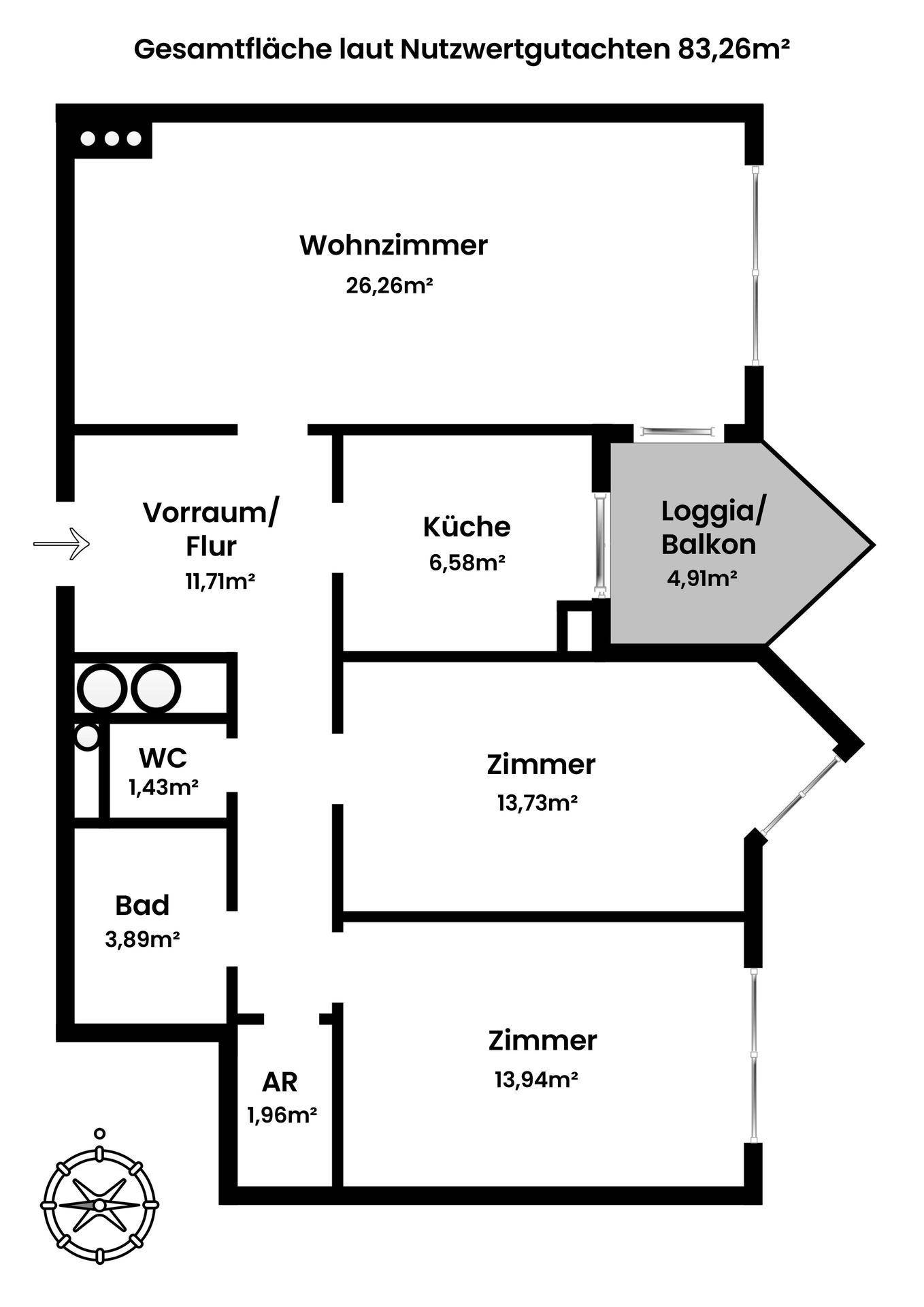 Detaillierter Grundriss einer Wohnung mit Wohnzimmer, Küche, Bad, WC und zwei weiteren Zimmern sowie Loggia/Balkon.