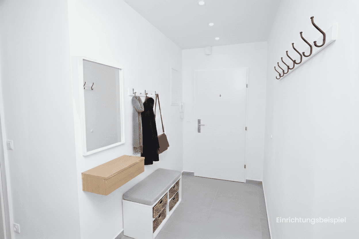 Modern eingerichteter Flur mit Sitzbank, Spiegel und Garderobe, als Einrichtungsbeispiel dargestellt.