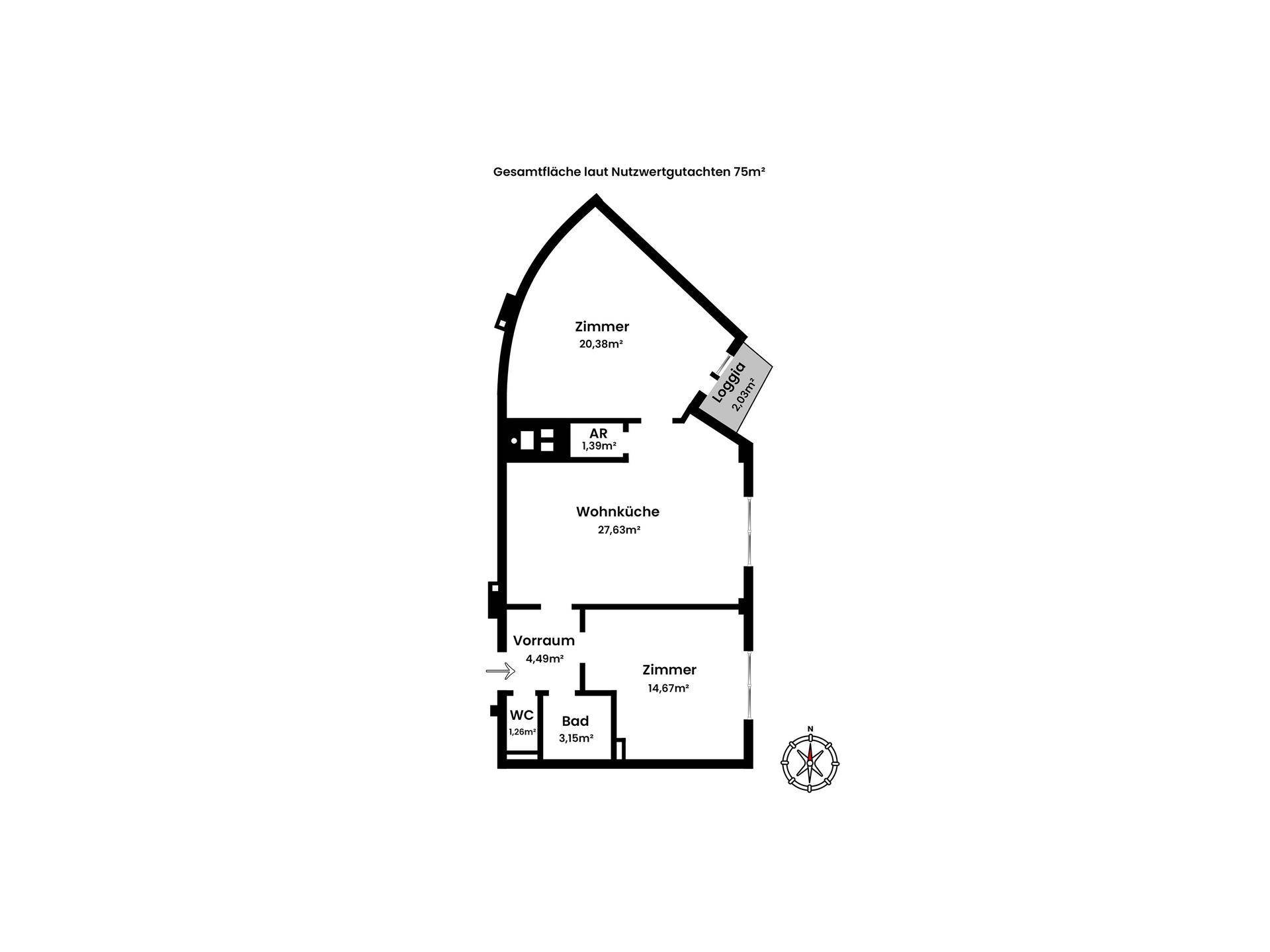 Grundriss einer Wohnung mit 75m² Gesamtfläche, inklusive Wohnküche und Loggia.