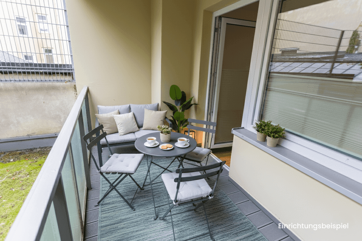 Gemütlicher Balkon mit Sitzgruppe und Pflanzen, bietet einen ruhigen Rückzugsort im Freien.