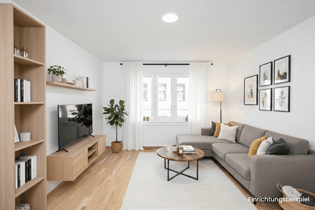Modernes Wohnzimmer mit hellem Parkettboden, bequemer Couch und Bücherregal, als Einrichtungsbeispiel dargestellt.