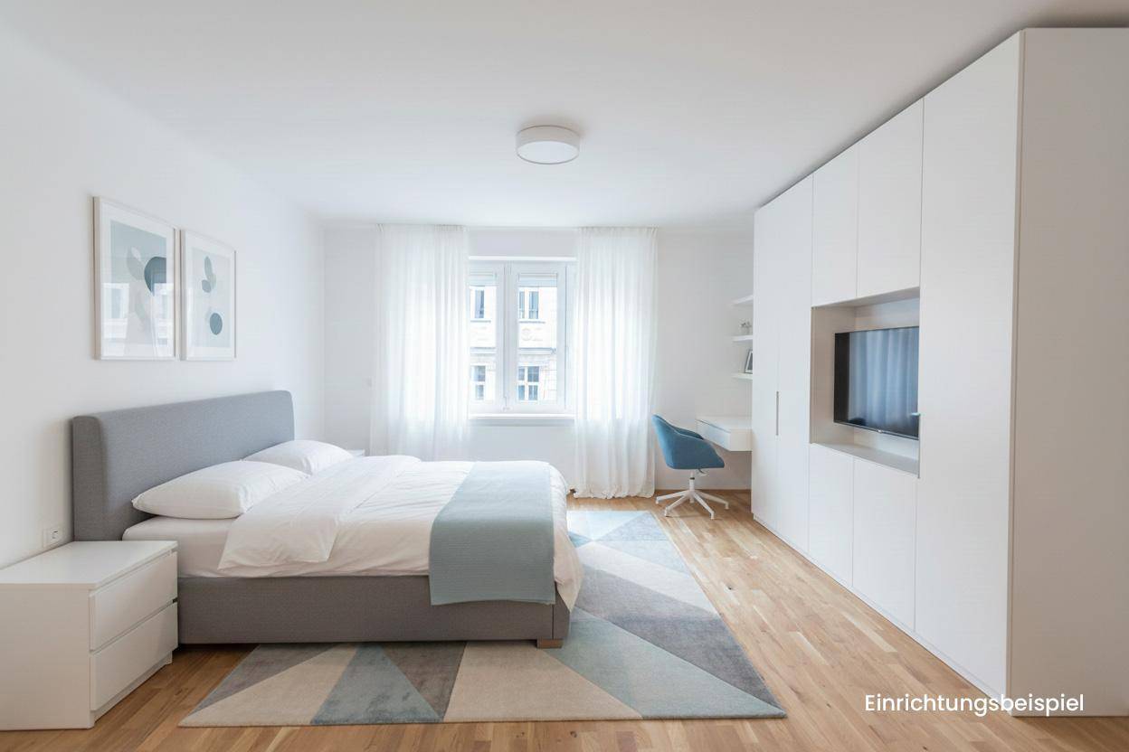 Modernes Schlafzimmer mit Doppelbett, Einbauschränken und Parkettboden.